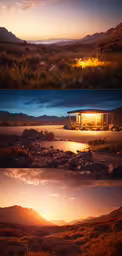 three shots showing an old train at dusk,a sunset over water and land next to hills