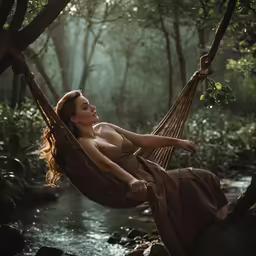 a woman laying in a hammock with a river flowing past her