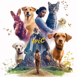 an image of the dogs, cats and people on a poster