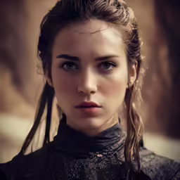 the young woman is posing with a horsehair ponytail