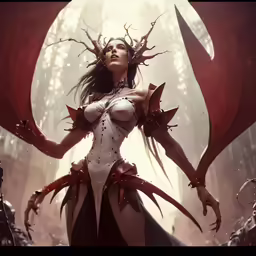 a fantasy woman with horns and claws in the woods