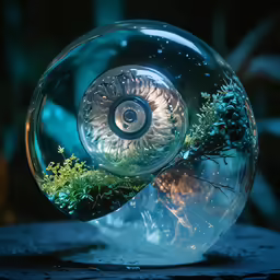 a glass vase filled with moss and water