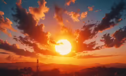 a bright sunset with clouds over the hills