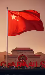 a large flag with the word capital and a state emblem flying in the background