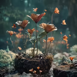 the small group of orange flowers are on the rocks