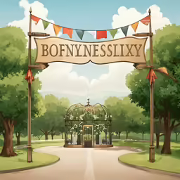 an arch with flags above it and the entrance to a park
