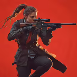 a woman in all black jacket and coat holding a rifle