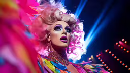 the drag queen has bright pink hair and bright blue eyes,lady with bright hair and purple eyes standing on stage