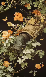a black vase is shown in a garden
