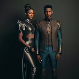 a couple in fancy clothes standing next to each other