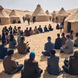 a large group of people sitting on a beach watching an event