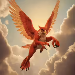 a red eagle flying over clouds and clouds