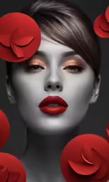 a woman with red petals in the background
