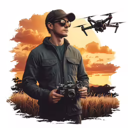a man with two cameras under a picture of an airplane