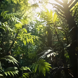sunbeams over green leaves in the woods