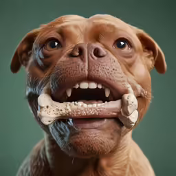 there is a dog holding a bone in its mouth