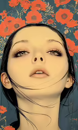 an image of a womans face and some flowers