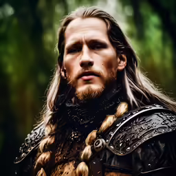 a man with long hair and long beard wearing armor