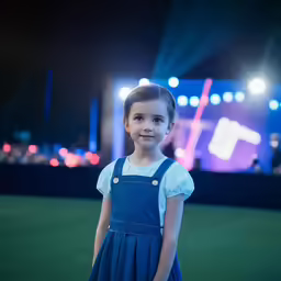 a small child dressed in a blue dress