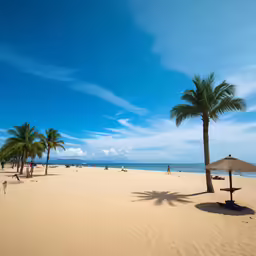 people walking along a beach with palm trees and umbrellas