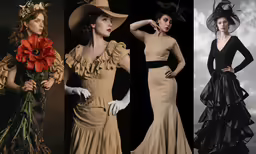 three women wearing very tall hats, dresses and gowns
