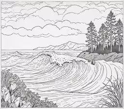 a black and white drawing of a large wave,an illustration shows a large wave in the ocean with a forest behind it