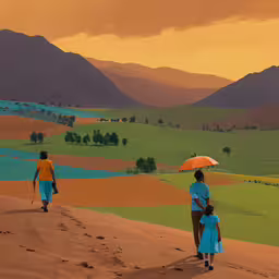 an image of two women walking down a dirt road,a woman and a child are walking under an umbrella