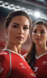two female soccer players are standing in the stadium