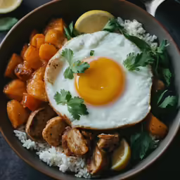 an asian breakfast bowl with rice, pork, carrots and fried egg