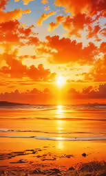 an orange sunset on the beach with ocean waves