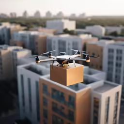 a large black and white djro djro jet flying over tall buildings
