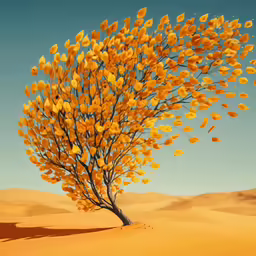 a tree in the desert blowing dry leaves