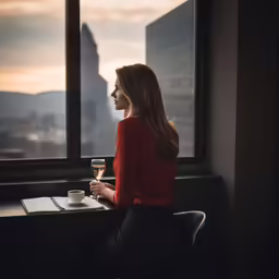 a woman in a red blouse is holding a glass of wine