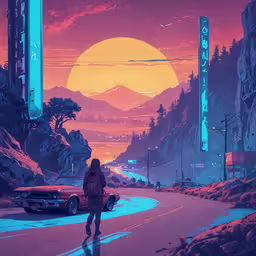 a man standing on a city road looking out to the mountains,a man is walking down the road at night