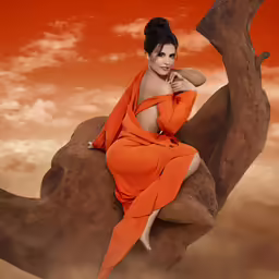 a beautiful woman posing for a photograph on a rock