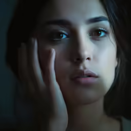 a young woman with dark makeup holding her hand under her chin