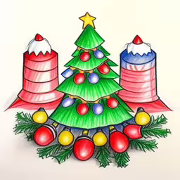 this drawing depicts the colorful christmas tree,a pencil drawing of two christmas trees with colored balls and ornaments,this is an image of a drawing of a christmas tree,a drawing of a small christmas tree with ornaments,a drawing of christmas trees with ornaments on top