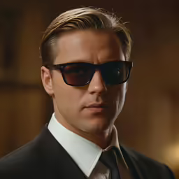 a man wearing a suit and sunglasses standing in a room