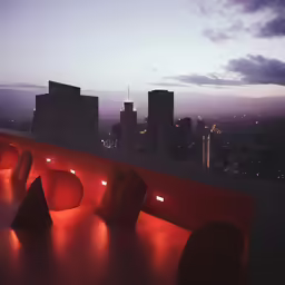 a bench on top of a red building