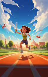 a young woman in a yellow top and shorts running across a track