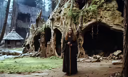 a person with long hair standing in front of trees