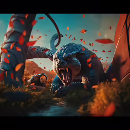 two animated monsters standing around in a jungle