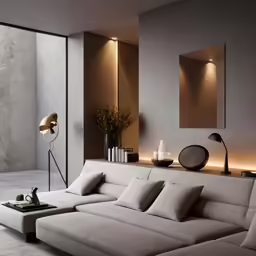 a living room with grey walls and a large white couch