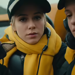 two people with helmets and a yellow scarf