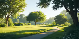 a road that runs next to trees with the sun shining