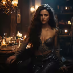 a woman sitting at a table in front of candles