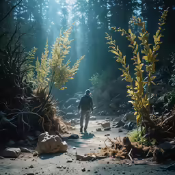 a man is walking through a trail with trees in the background