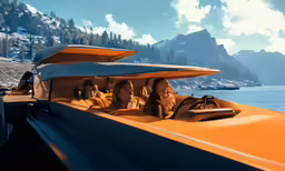 a boat with two people sitting in the front seat