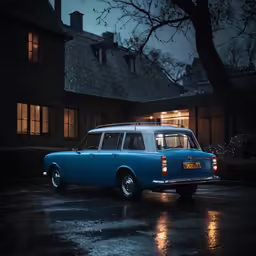 a blue station wagon parked in front of a house