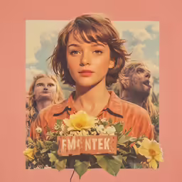 a picture of an older woman holding flowers with an image of another monster behind her